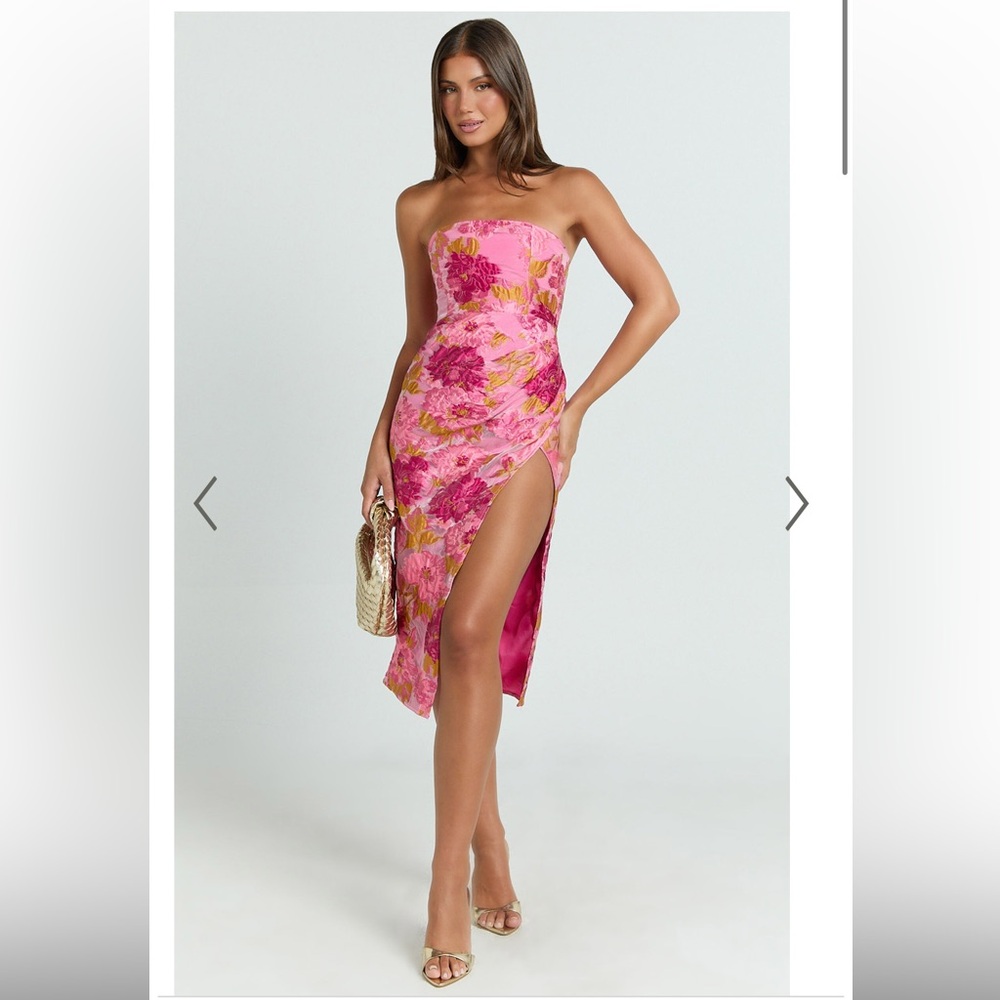 Showpo Brailey Pink Jacquard Strapless Thigh Split Slit Midi Dress